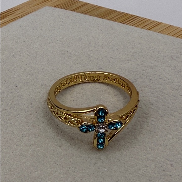 Elegant Gold Tone and Blue Rhinestone Cross Ring Size 7 “With God…Are Possible” - Picture 3 of 4